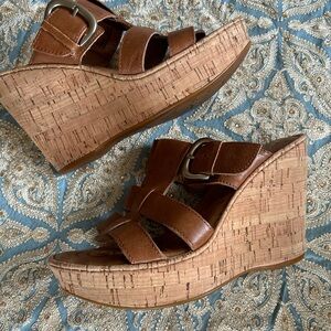 Born Y2K Boho Indie Festival Summer Brown Leather Cork Wedge Open Toe Sandals 9